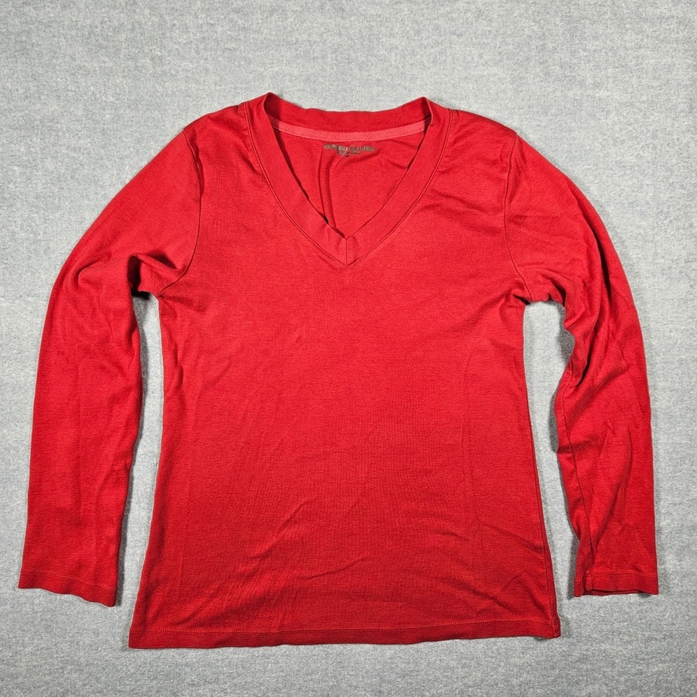 Bamboo Traders Womens Red V-Neck Long Sleeve 100% Cotton T-Shirt Size M